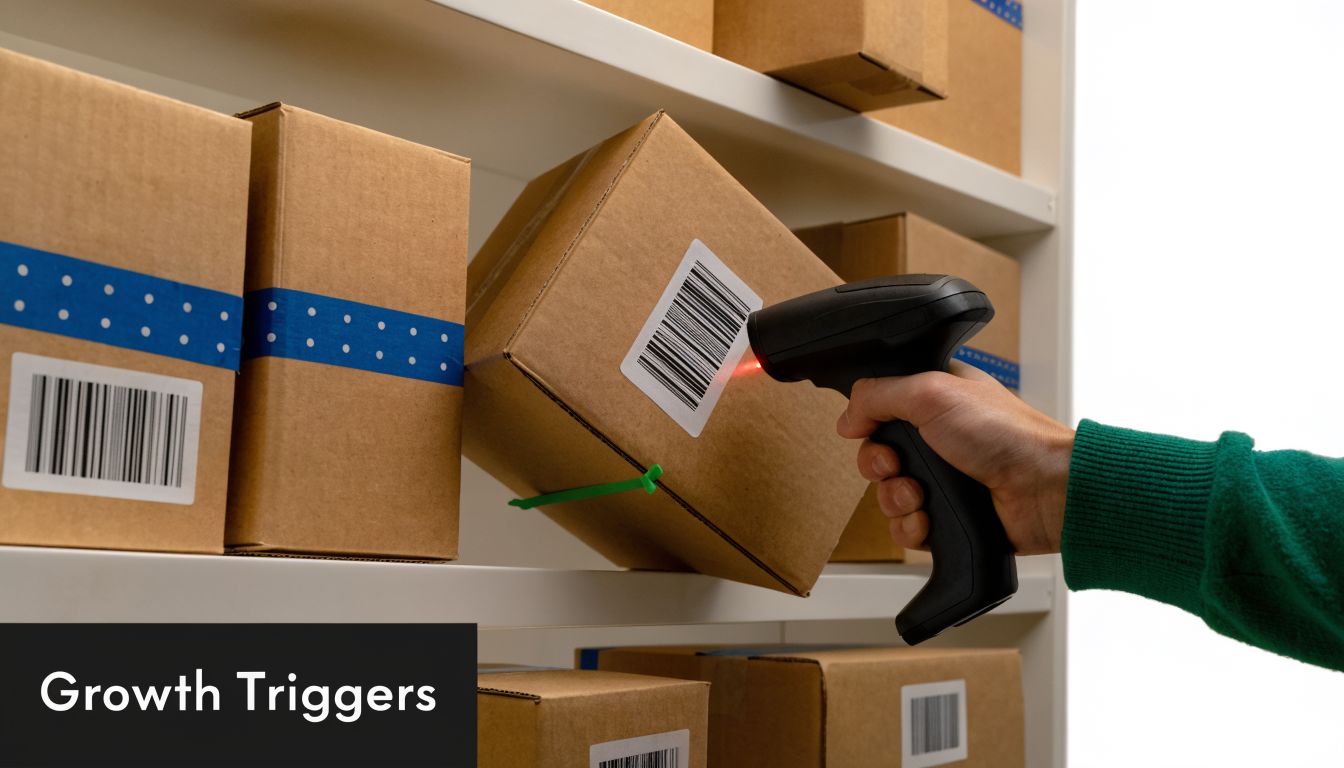 A hand in a green sweater uses a barcode scanner on a package in a warehouse.