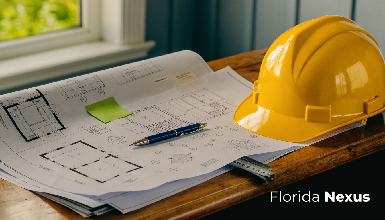 A yellow hard hat rests on architectural blueprints next to a pen on a wooden table.