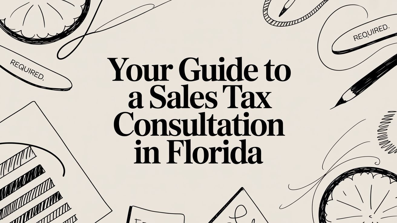 Informational poster advertising a guide to a sales tax consultation in Florida, with hand-drawn doodles around the text.