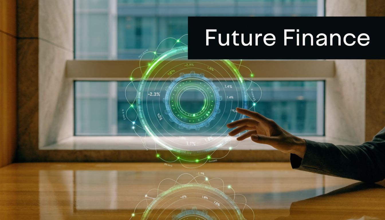 A professional interacts with a futuristic digital finance interface hovering over a sleek wooden desk.