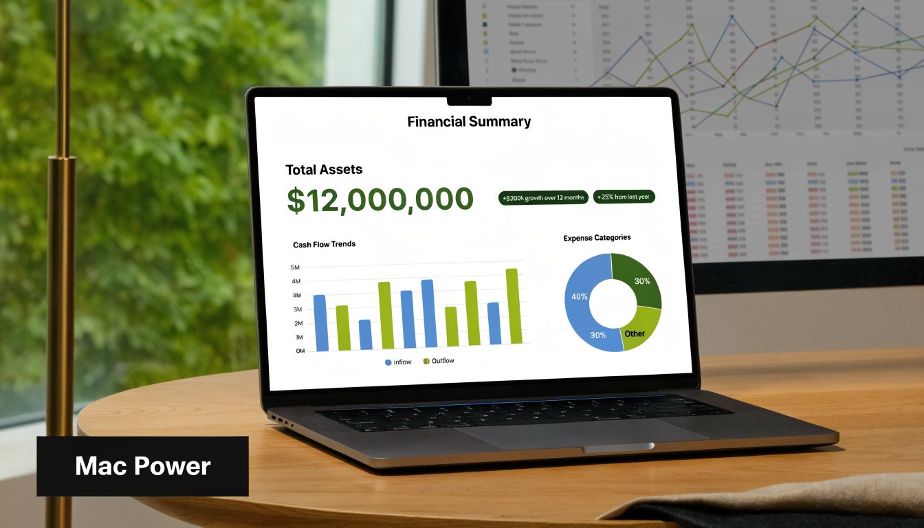 A modern laptop on a wooden desk displaying financial summary data including assets and cash flow charts.