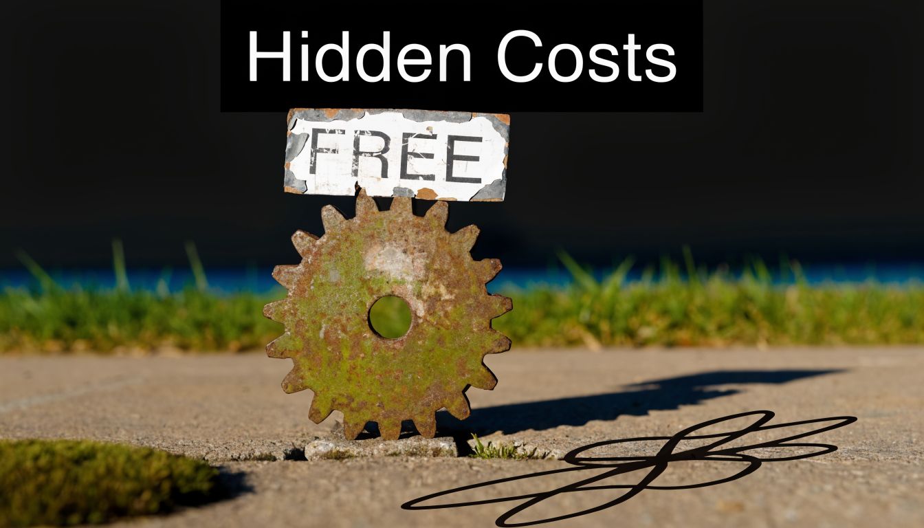 A rusty gear standing on a sidewalk with a sign saying free, representing hidden business costs.