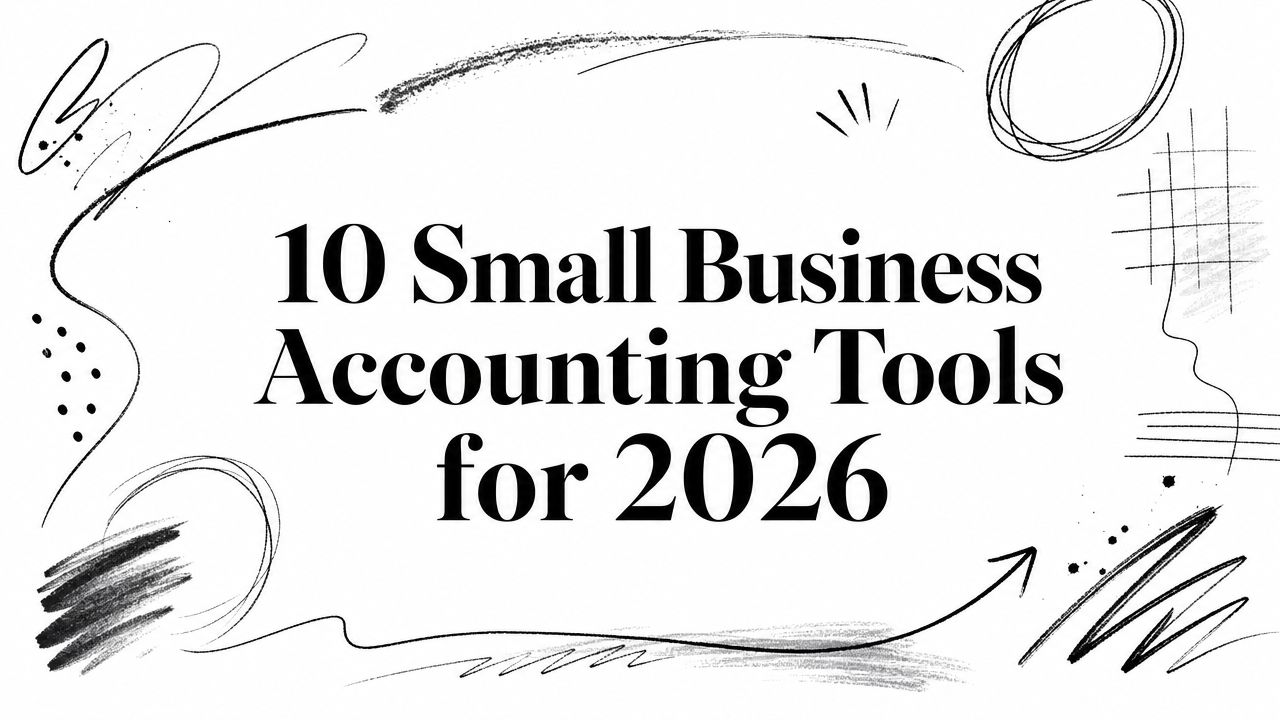 small-business-accounting-tools-accounting-software Article title: '10 Small Business Accounting Tools for 2026' with abstract brush strokes and doodles around the edges.