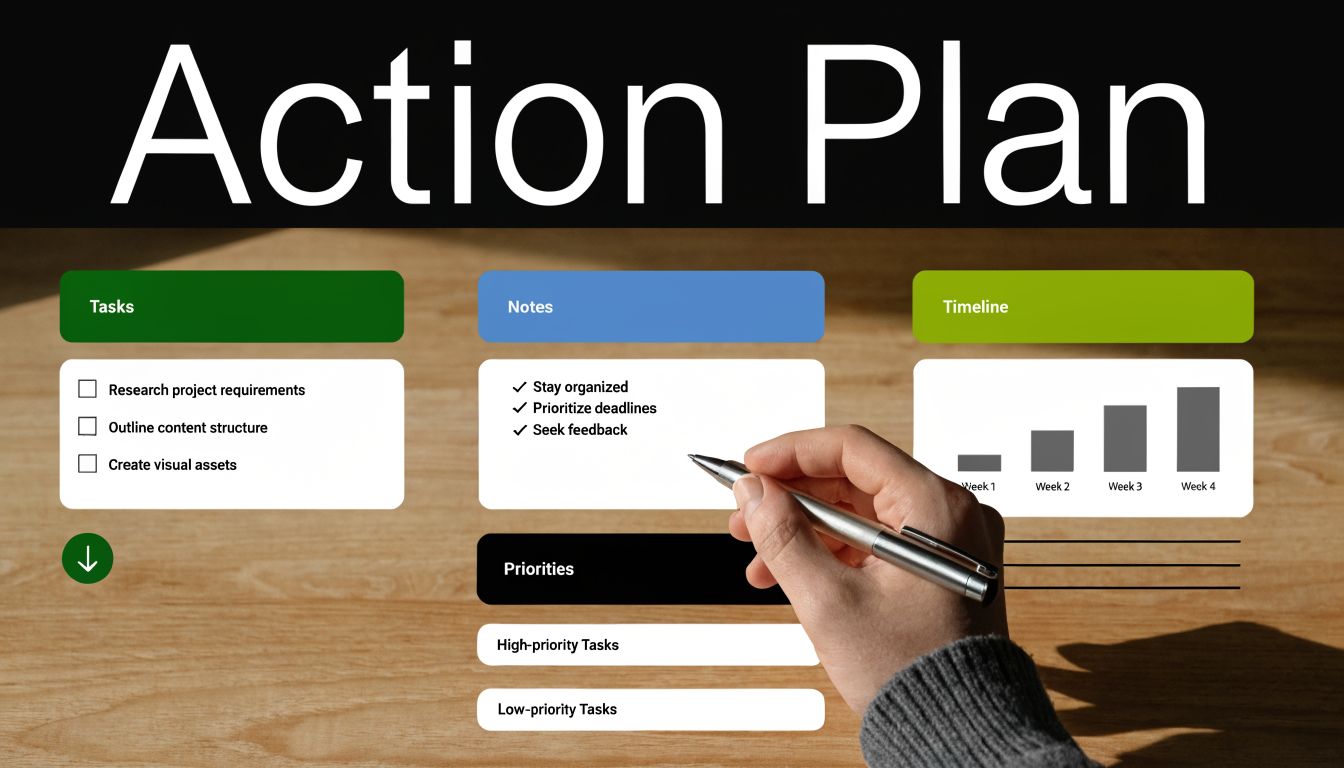 A hand holding a pen writing on an Action Plan digital dashboard for professional project management.