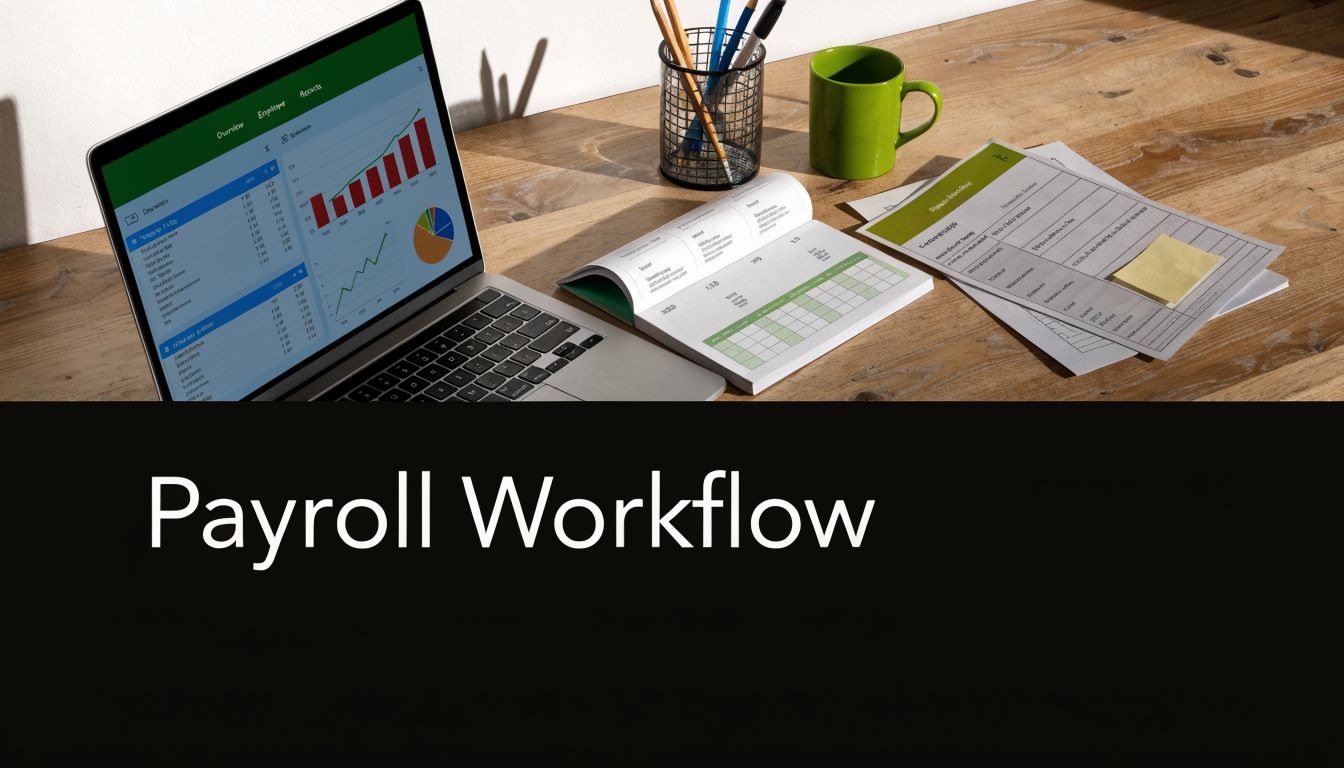 A modern workspace featuring a laptop showing payroll analytics, documents, and a green coffee mug.