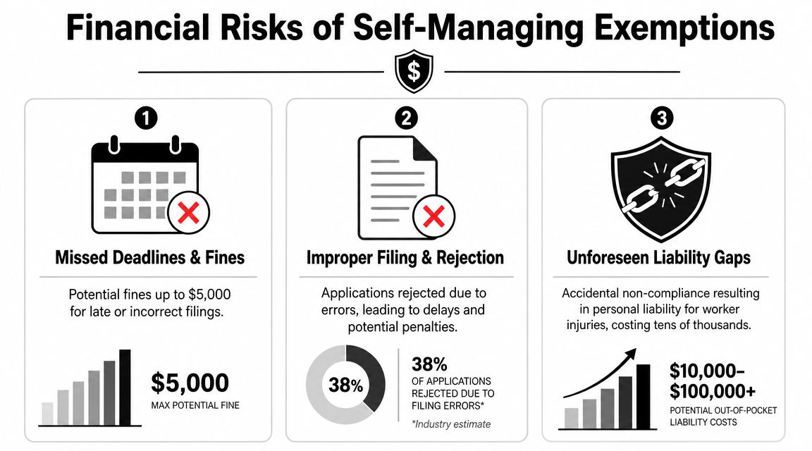 An infographic detailing three financial risks associated with self-managing workers compensation exemptions, including fines and liability.