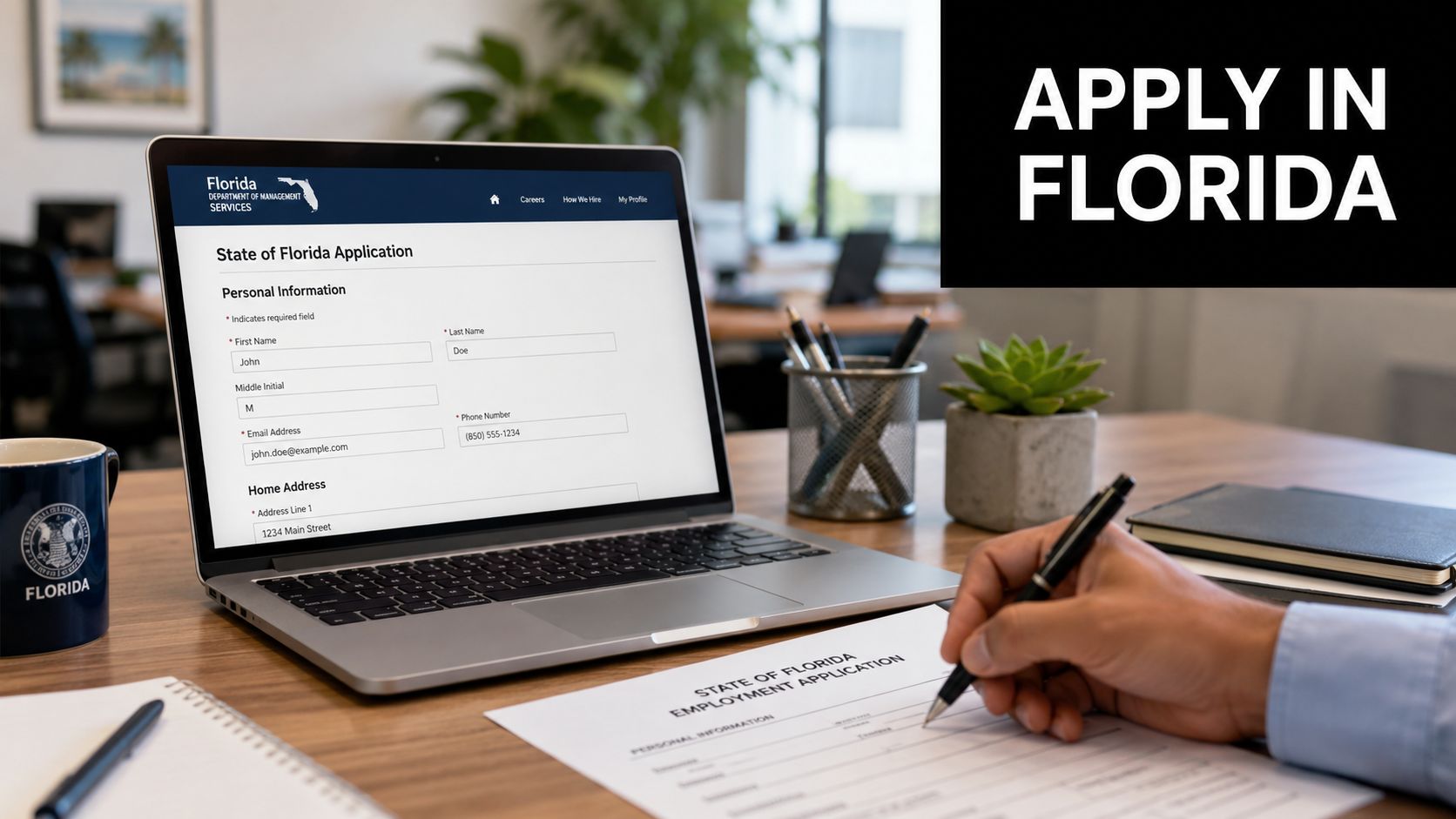 A person filling out a State of Florida employment application form at a desk with a laptop.
