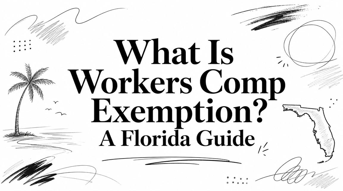what-is-workers-comp-exemption-florida-guide Cover image with bold title: What Is Workers Comp Exemption? A Florida Guide, surrounded by abstract ink doodles and a Florida outline doodle, on white background.