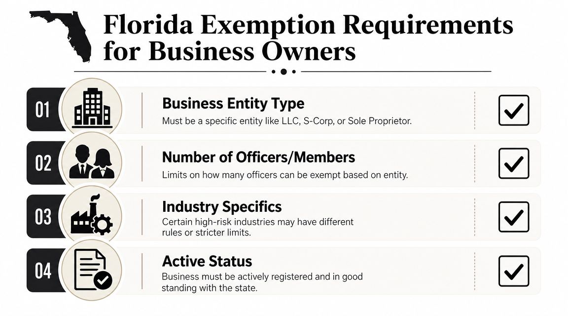 An infographic showing four key requirements for business owners to obtain workers compensation exemption in Florida.