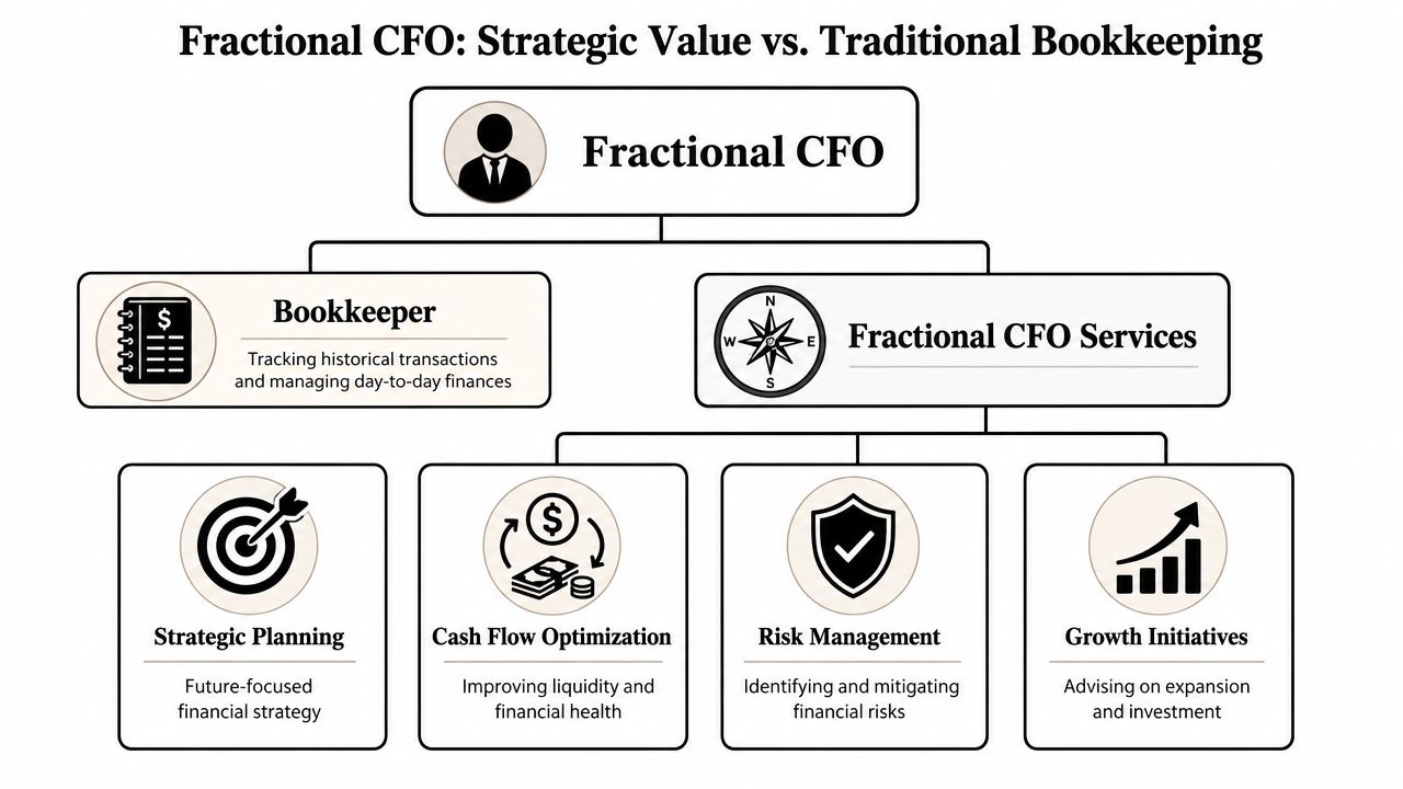 A diagram comparing the strategic value of a Fractional CFO against traditional bookkeeping and financial services.