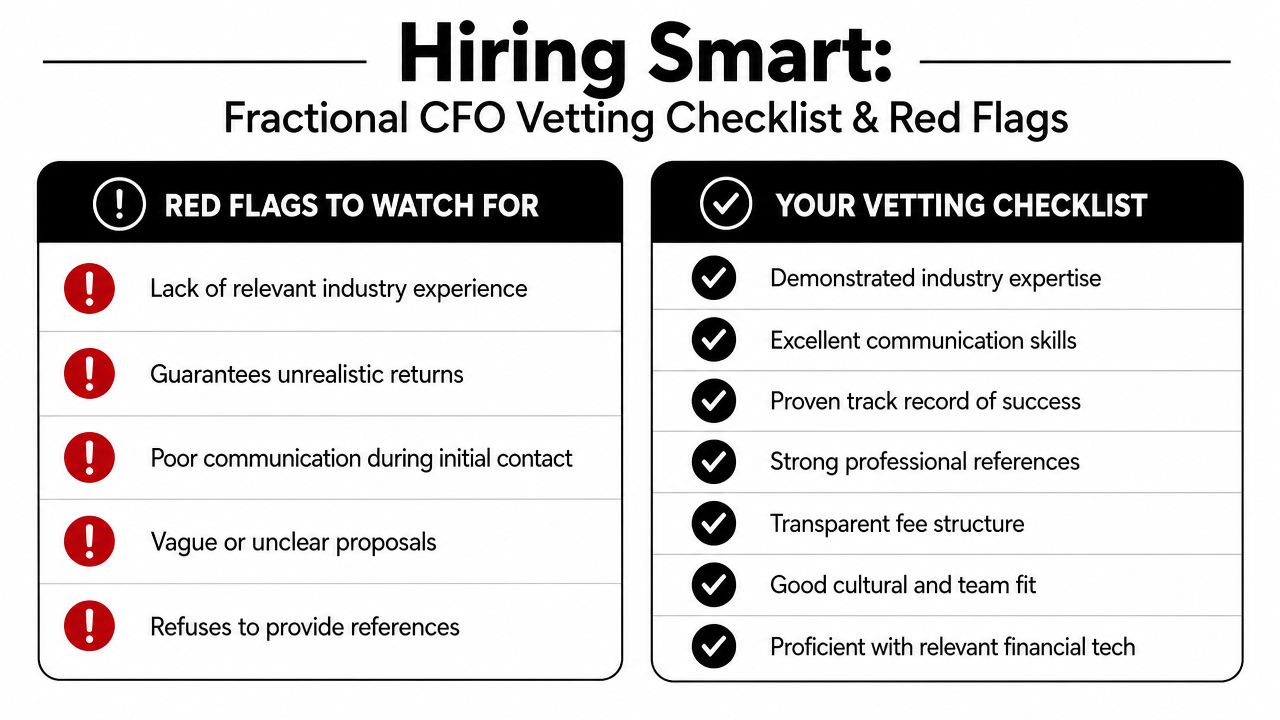A checklist comparison guide for hiring a fractional CFO, highlighting key red flags and vetting criteria.