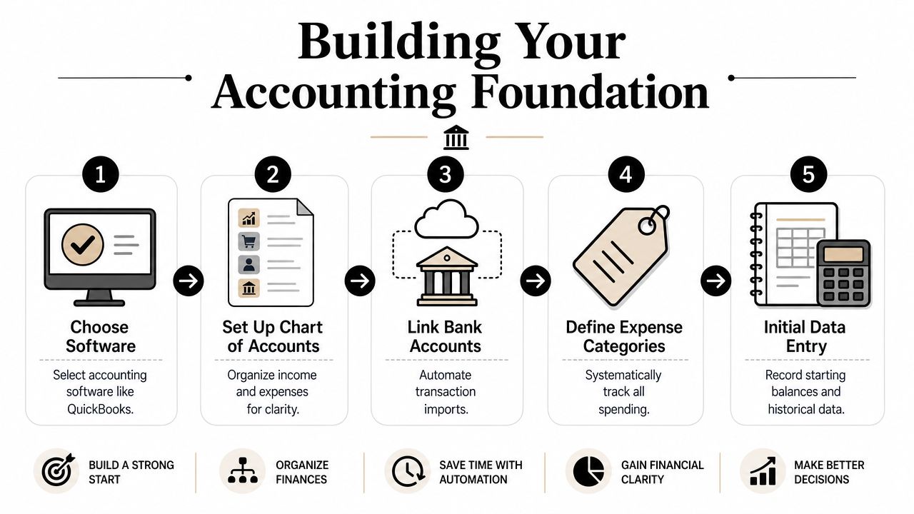 A five-step infographic illustrating the process for building an accounting foundation for small business financial management.