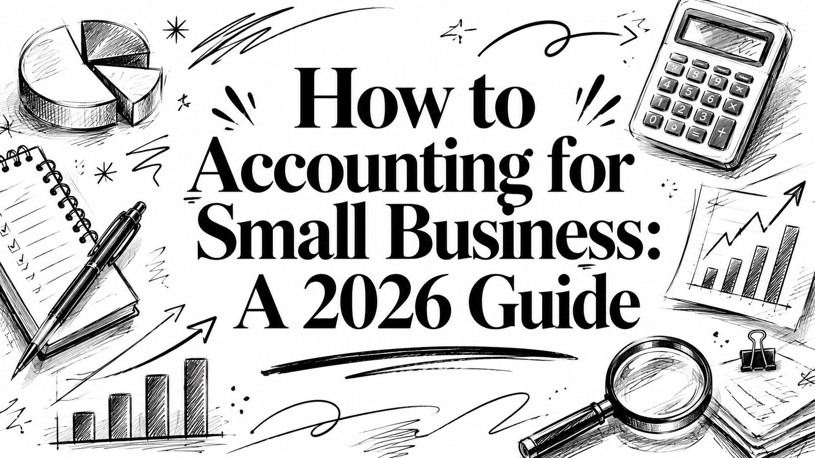 Bold, handwritten-style banner text: 'How to Accounting for Small Business: A 2026 Guide' surrounded by finance doodles like a calculator, charts, notebook, and magnifying glass.