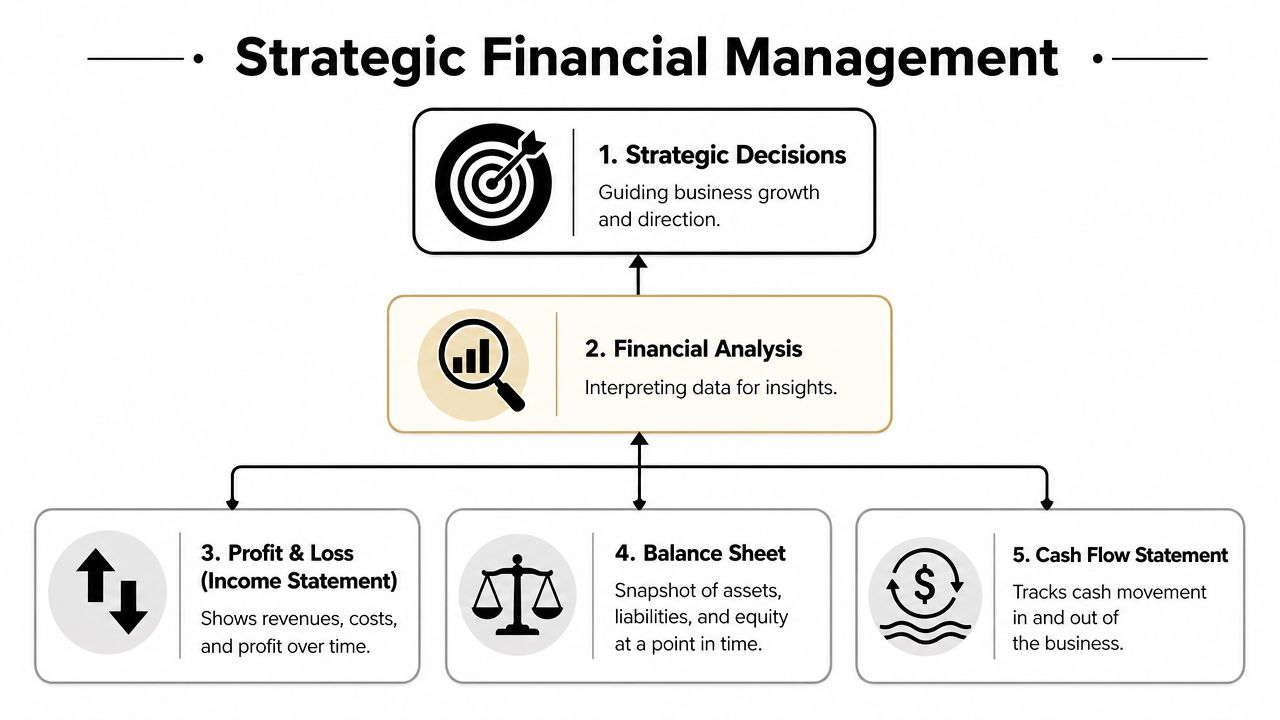 A diagram illustrating the five core components of strategic financial management for growing small businesses.