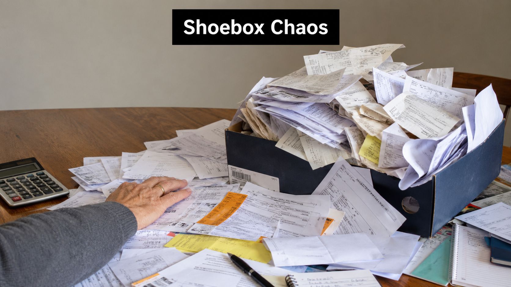 A person organizing a chaotic pile of paper receipts and financial documents from a black shoebox.