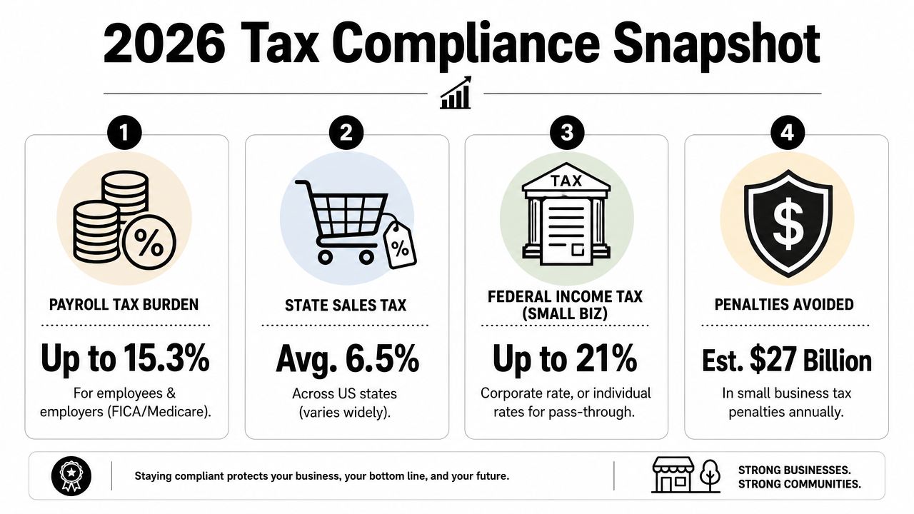 An infographic titled 2026 Tax Compliance Snapshot displaying payroll, sales, and federal income tax statistics for businesses.