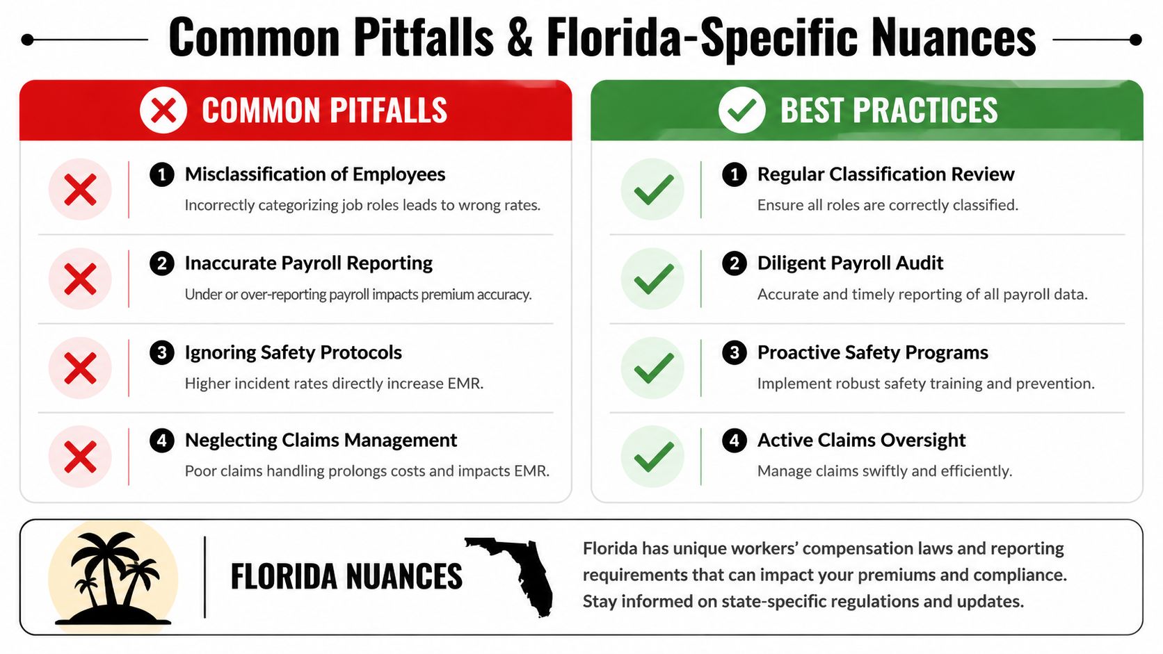 A comparison chart showing common workers' compensation pitfalls versus best practices, highlighting Florida-specific compliance and regulatory requirements.