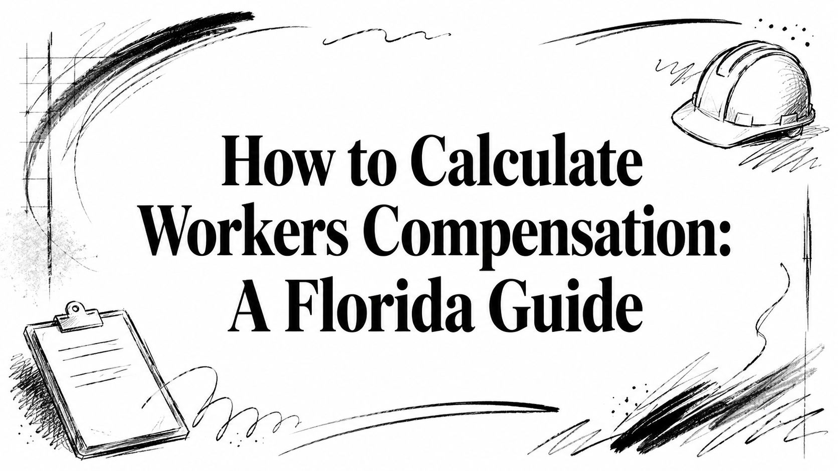 how-to-calculate-workers-compensation-florida-guide How to Calculate Workers' Compensation: A Florida Guide, with a sketch of a hard hat and clipboard in the margins
