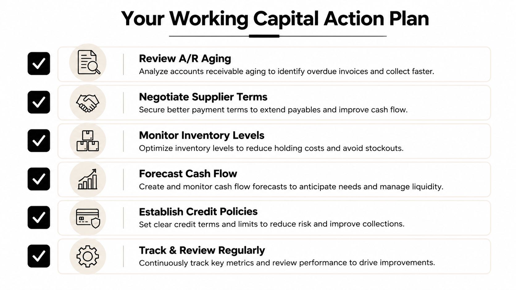 A checklist infographic titled Your Working Capital Action Plan highlighting six strategic business steps for financial management.