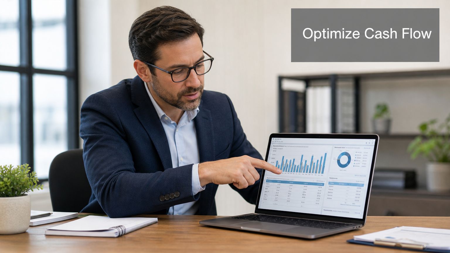 A professional man in a business suit points at a financial graph on a laptop screen.