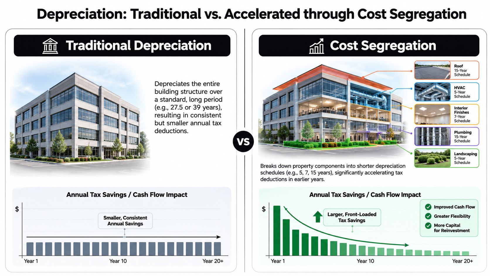 A comparison infographic showing how traditional depreciation versus cost segregation affects annual tax savings for real estate.