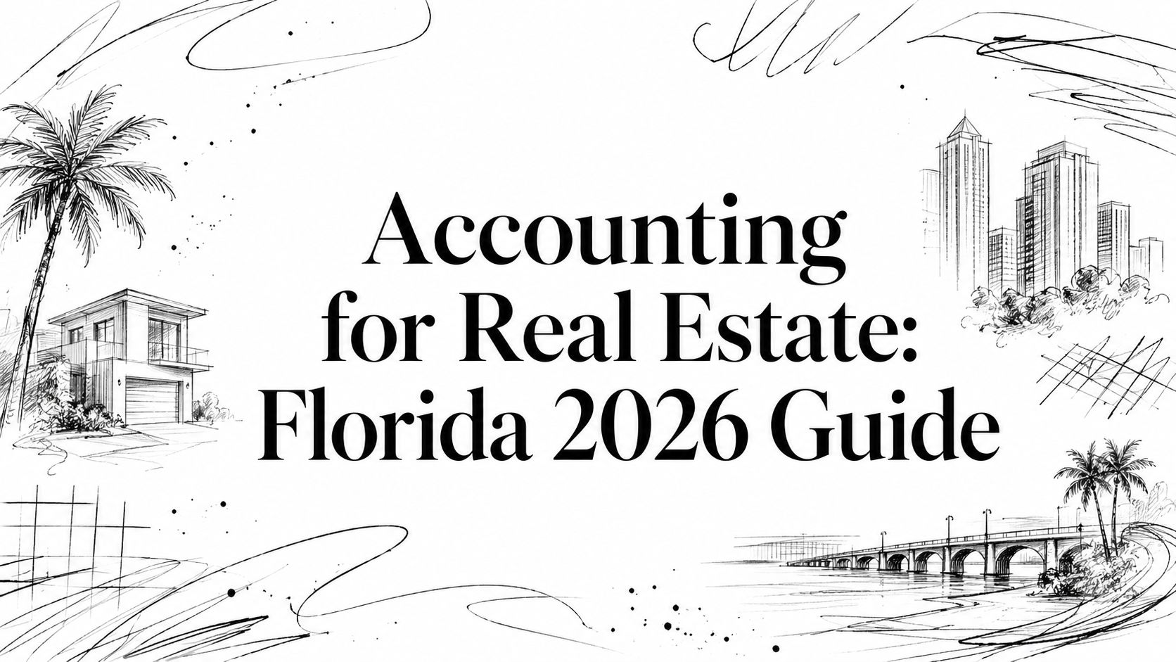 Sketch-style Florida real estate banner with palm trees, skyline, and a bridge; title: ‘Accounting for Real Estate: Florida 2026 Guide’