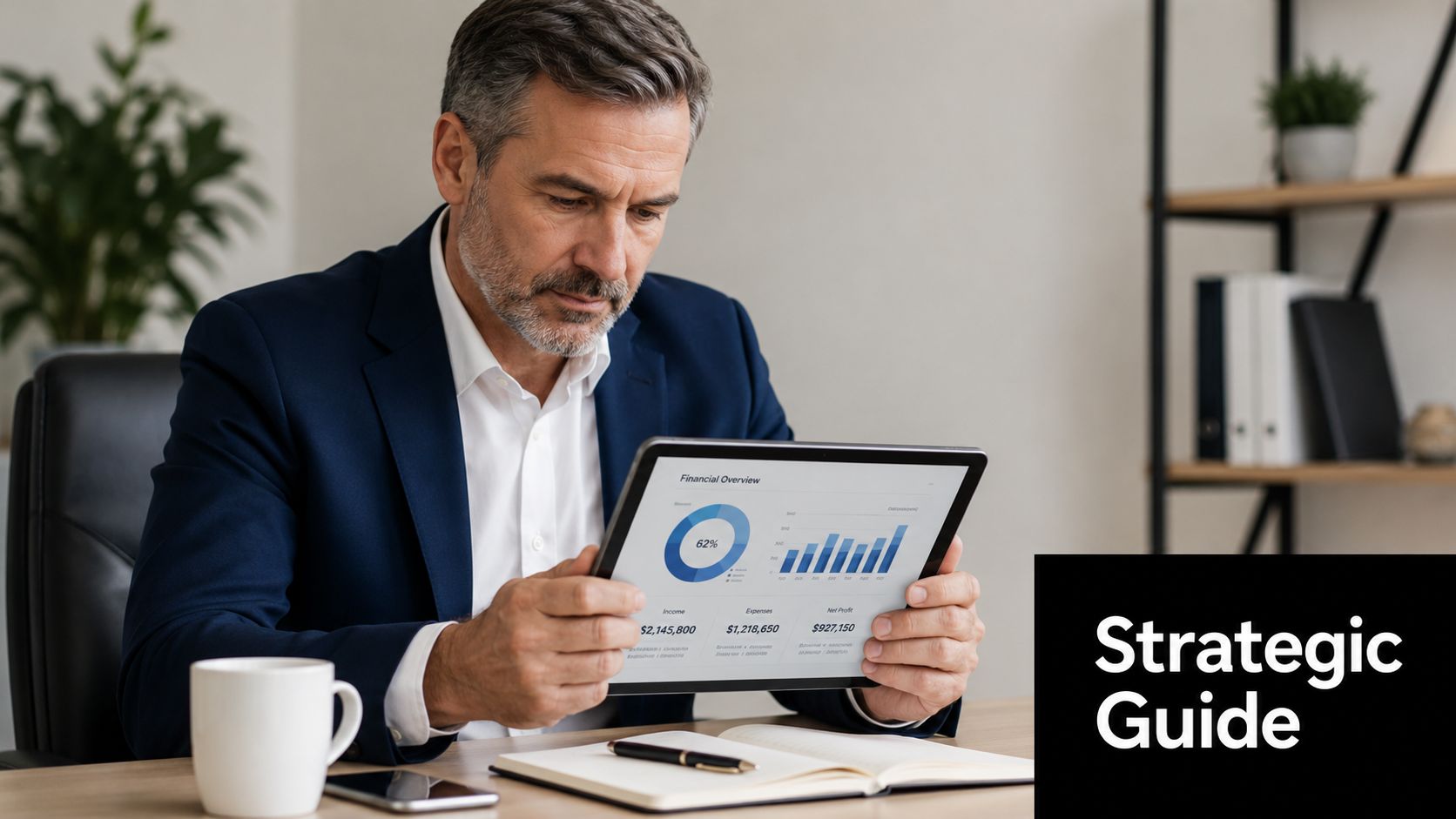 A professional man in a business suit reviewing financial charts on a tablet in an office.