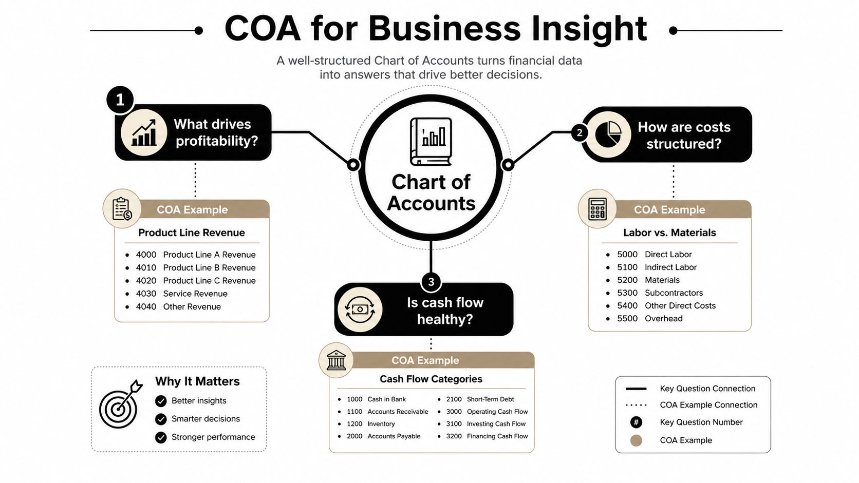 An infographic illustrating how a well-structured chart of accounts provides business insights into profitability, costs, and cash flow.