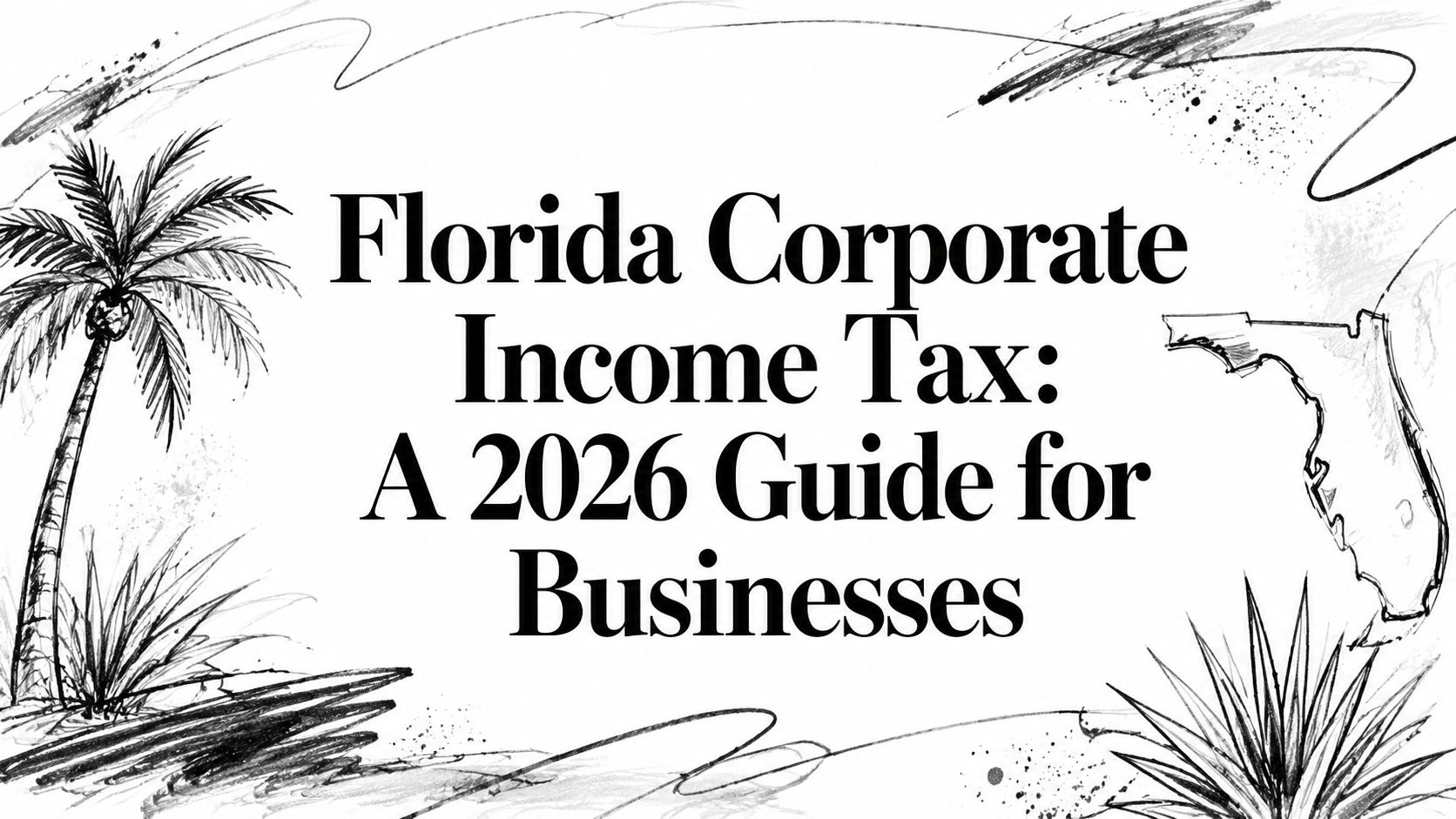 florida-corporate-income-tax-business-guide Black-and-white cover image with palm trees and the Florida state outline, displaying the title 'Florida Corporate Income Tax: A 2026 Guide for Businesses'.