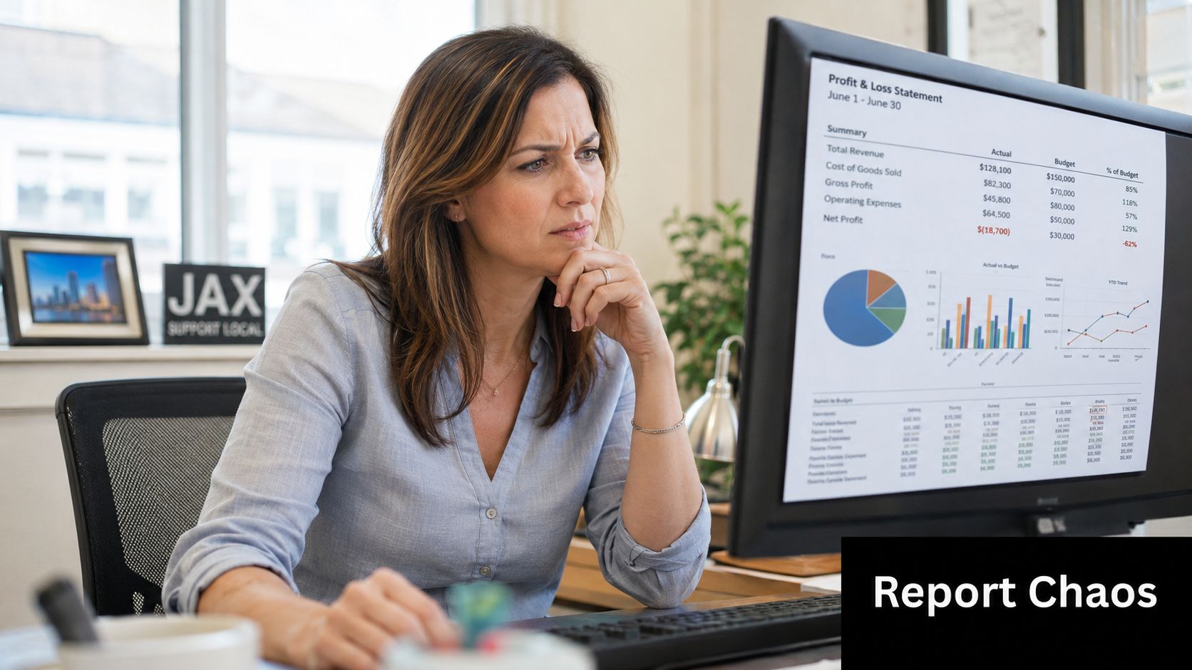 A concerned business owner reviewing financial performance data and profit loss reports on her computer screen.