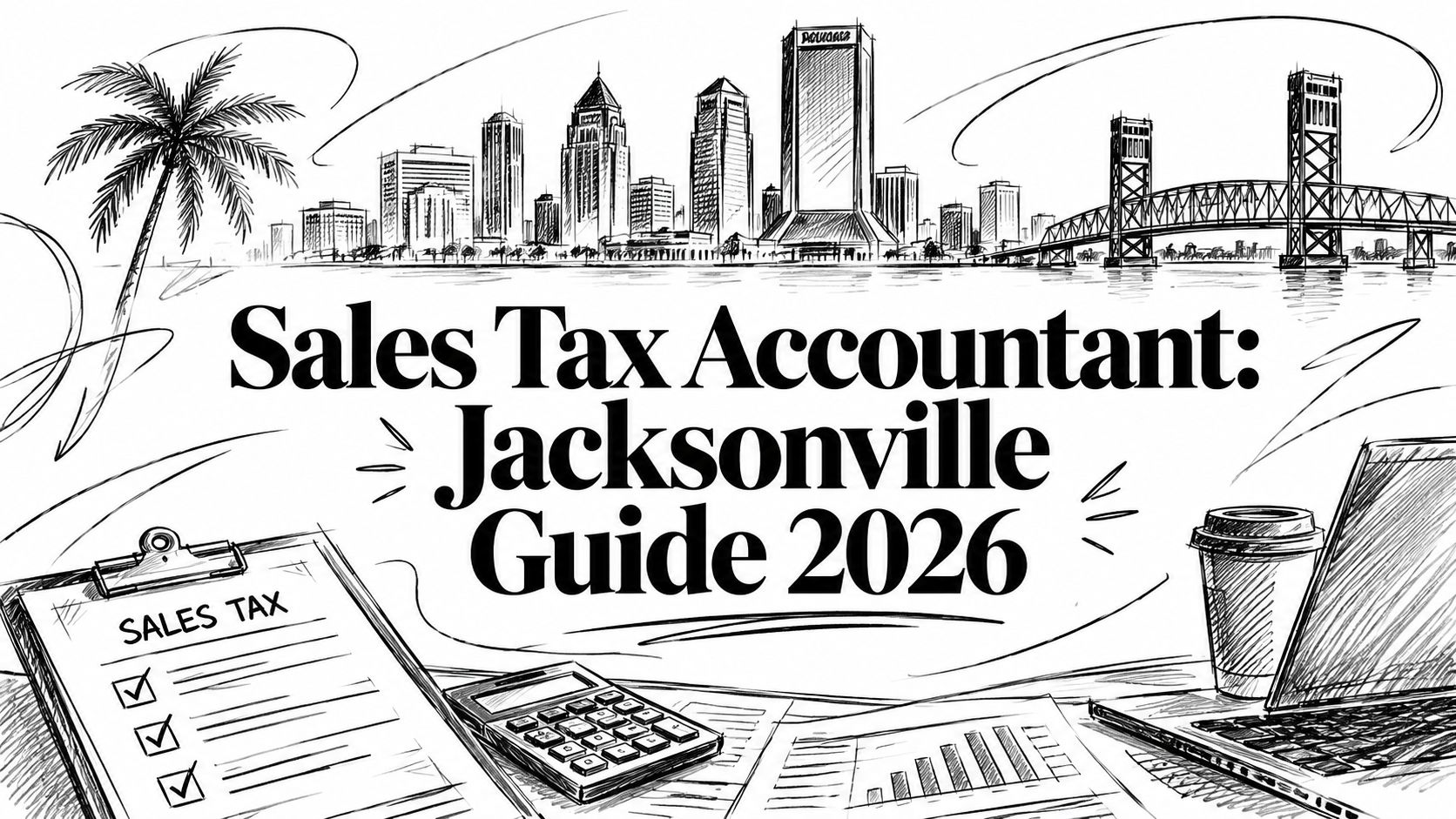 sales-tax-accountant-jacksonville-skyline Sketched Jacksonville skyline with a bold title: 'Sales Tax Accountant: Jacksonville Guide 2026' over a desk scene (clipboard, calculator, laptop, coffee cup).