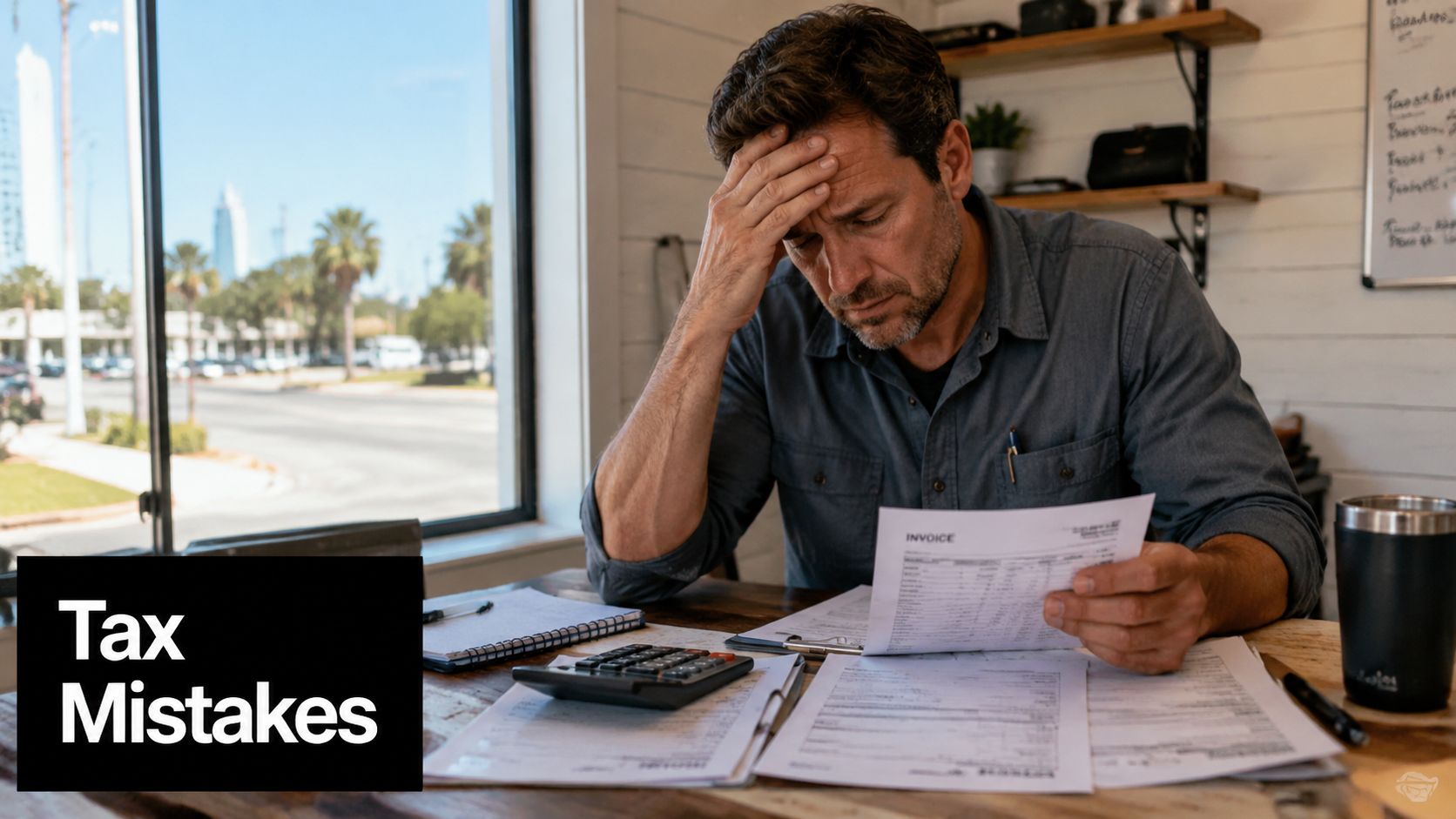 A stressed man sitting at a desk reviewing financial invoices and documents while preparing for tax season.