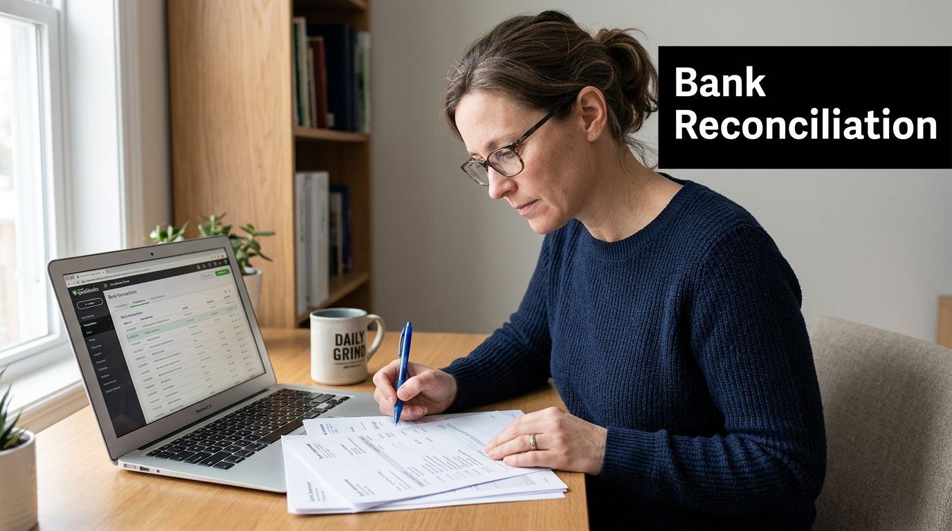 A professional accountant reviews financial documents and bank statements for year end accounting procedures on a laptop.