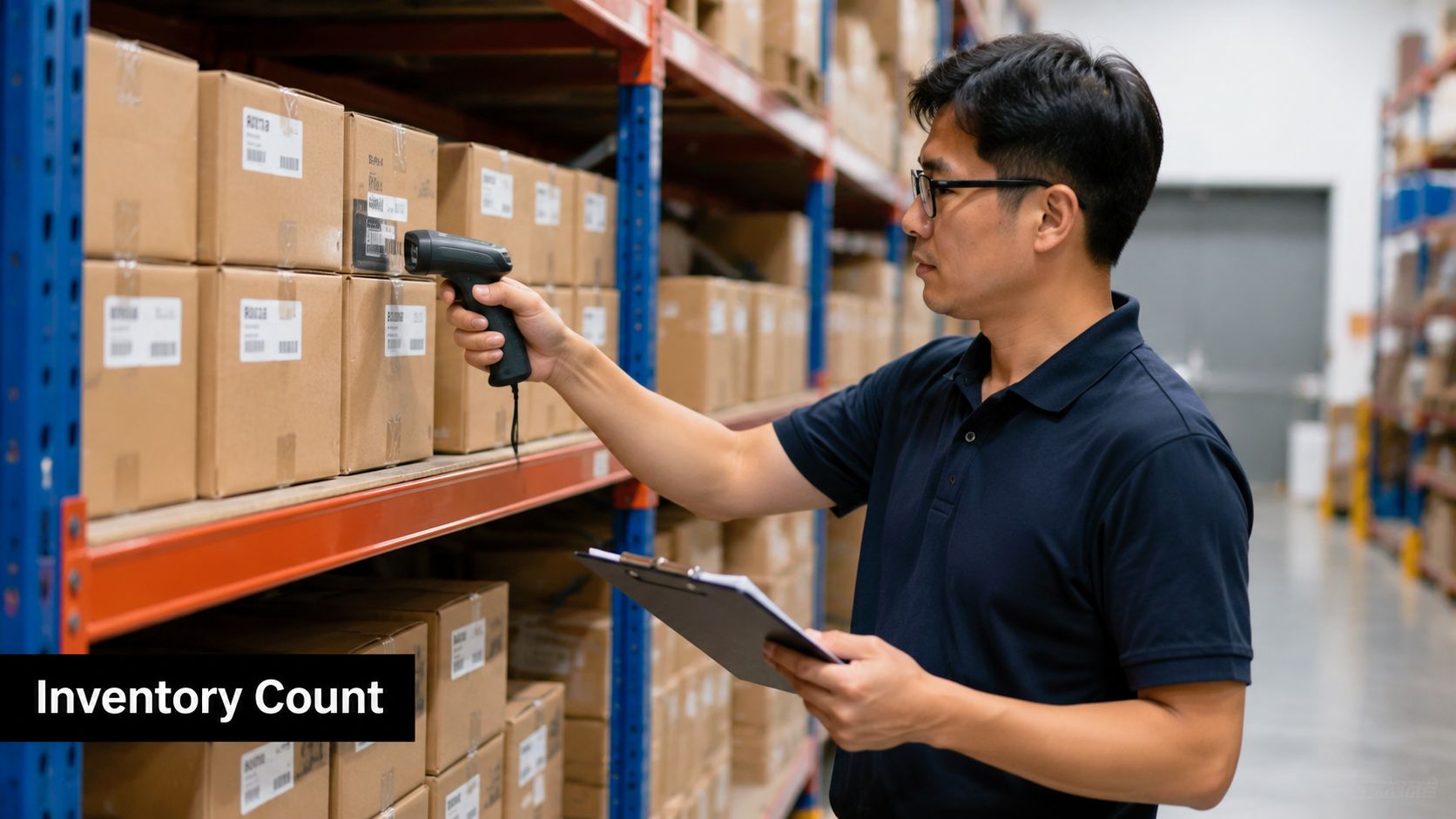 A warehouse worker scans barcodes on cardboard boxes using a handheld scanner while holding a clipboard.