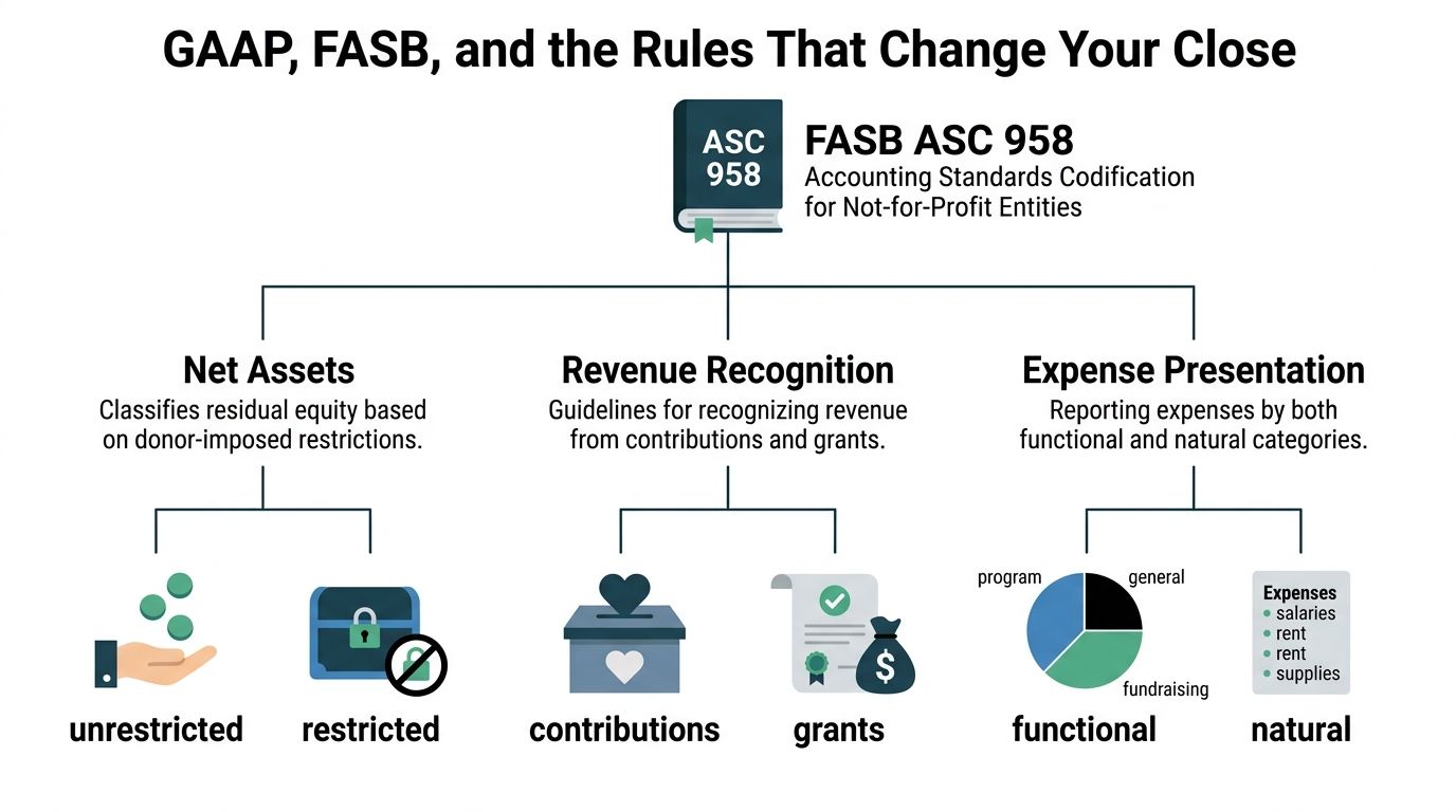 A diagram illustrating FASB ASC 958 accounting standards for non-profit entities, including net assets, revenue, and expenses.
