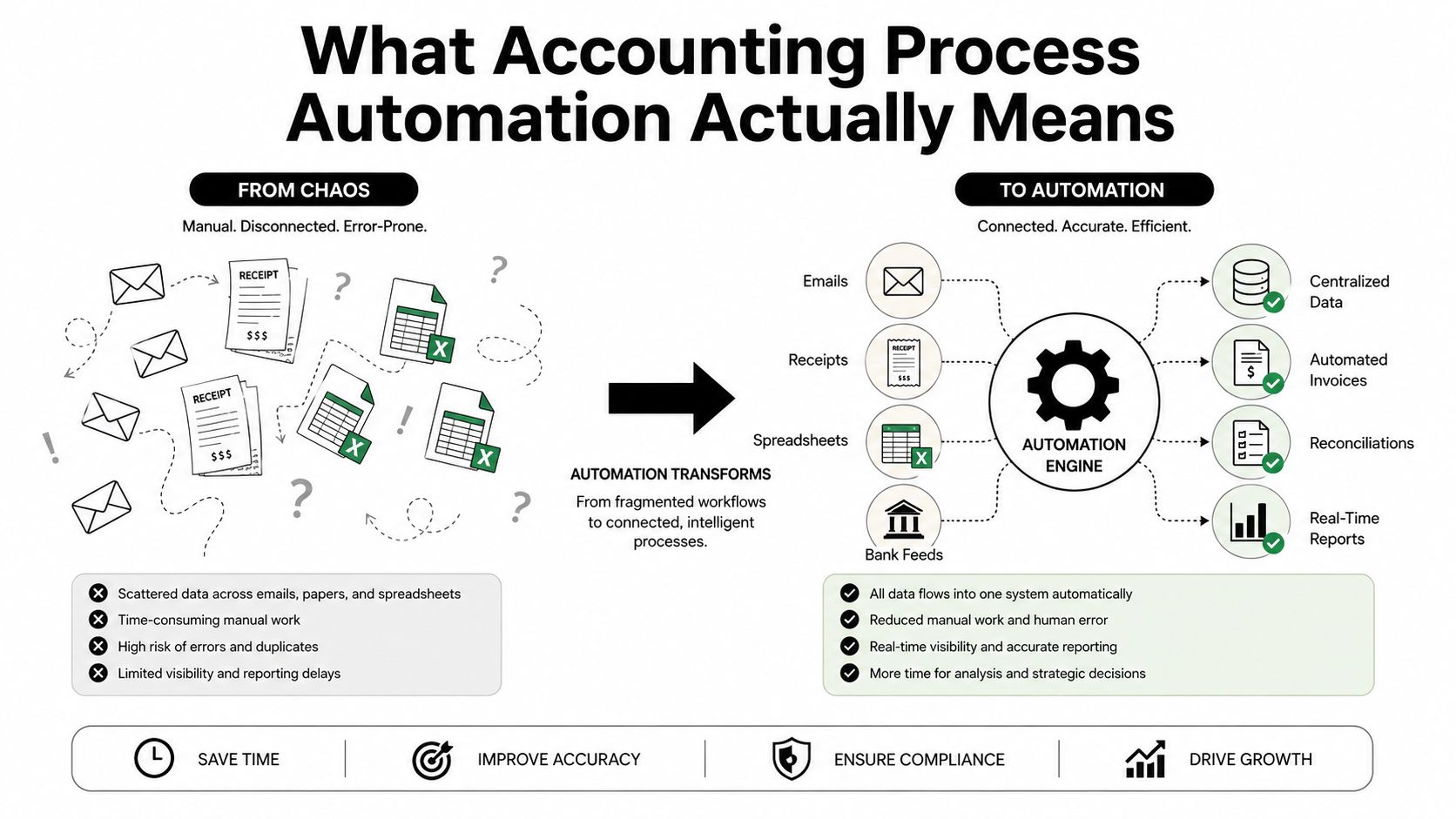 An infographic comparing the chaotic manual accounting process with an efficient, connected, automated accounting system workflow.