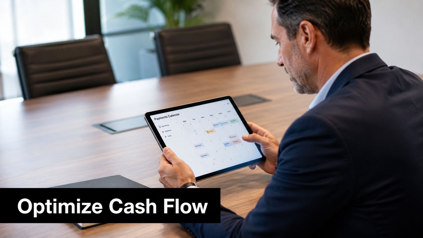A professional man in a suit looking at a payment calendar app on a tablet in an office.