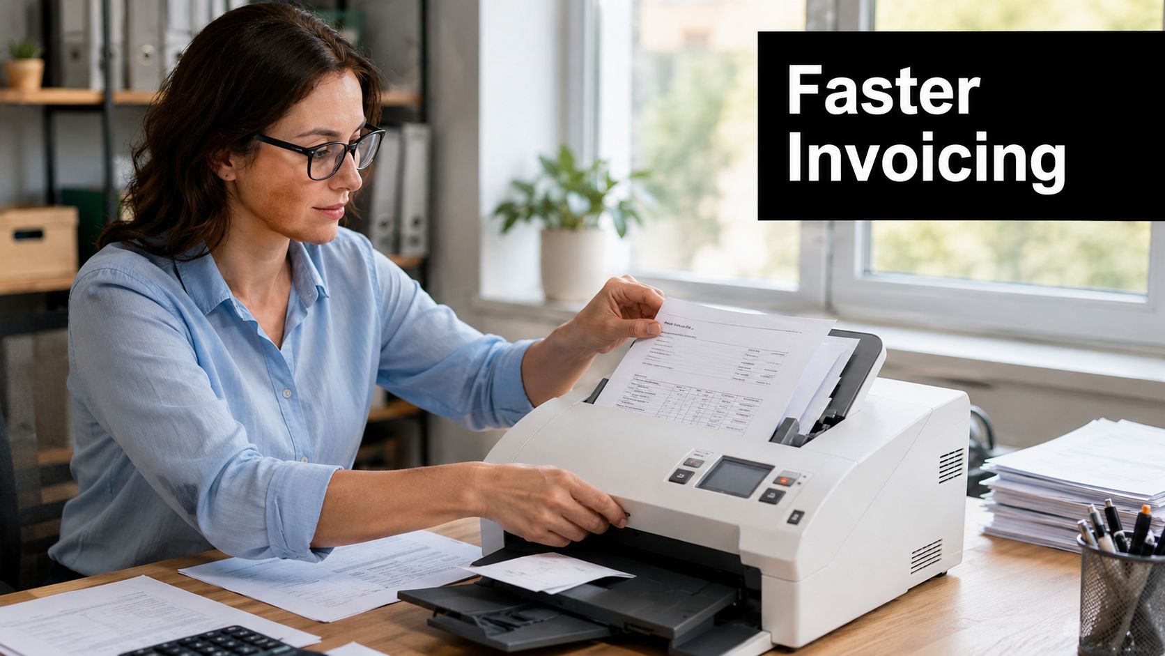 A professional woman using a document scanner to process financial invoices in a modern office workspace.