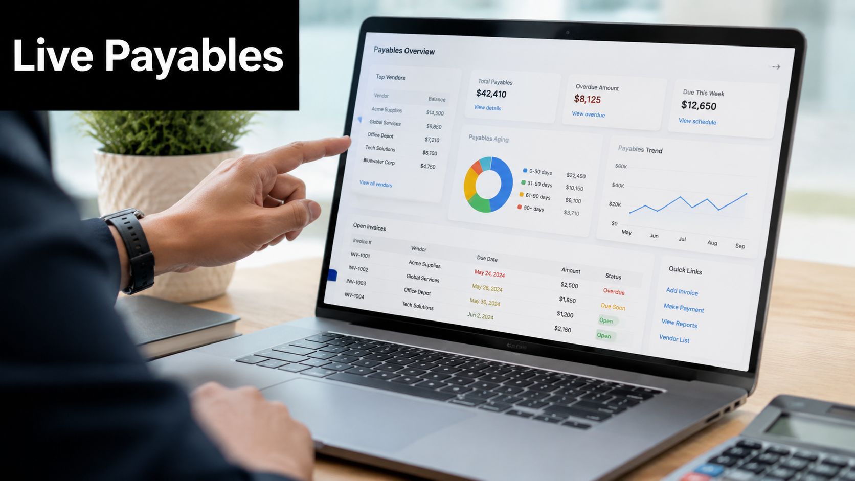 A professional using a laptop to view a dashboard for accounts payable automation and financial data management.