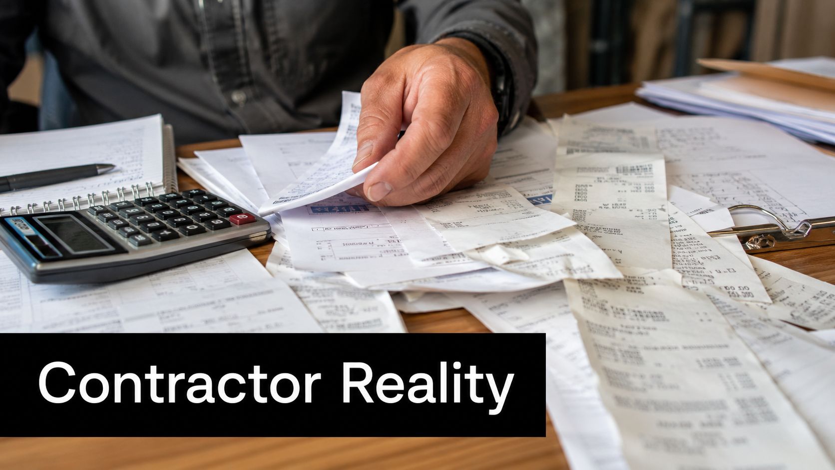 A contractor sitting at a wooden desk sorting through many receipts and papers using a calculator.
