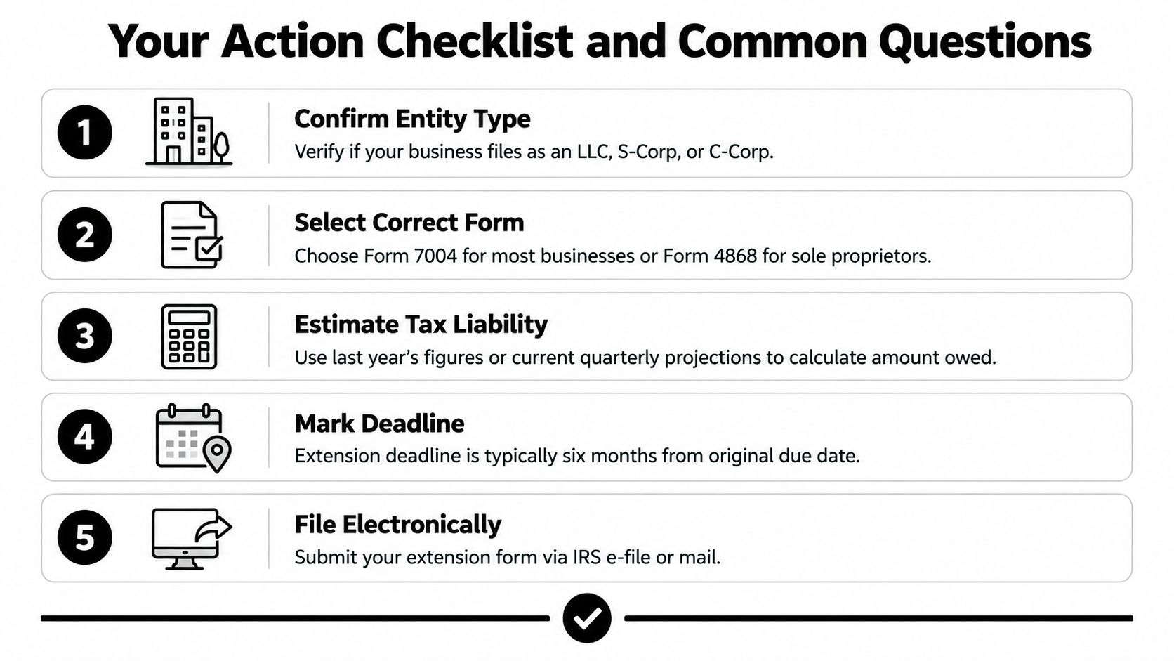 A checklist of five steps for business owners to file for a tax extension successfully.