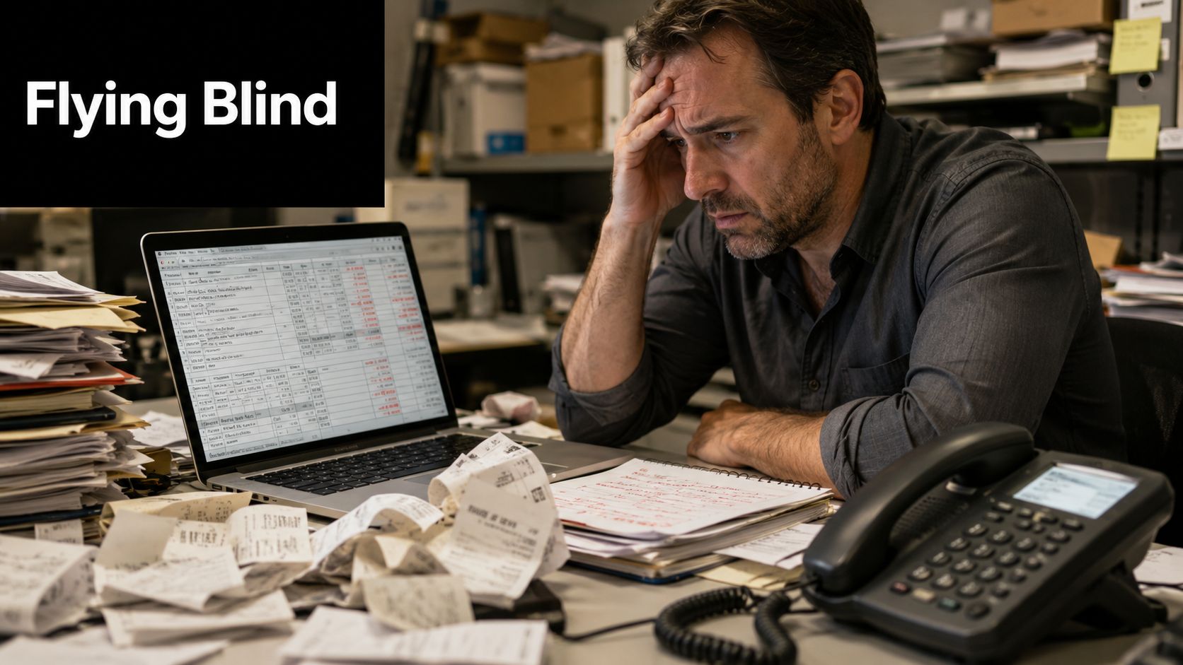 A stressed man looking at spreadsheets and stacks of receipts on a cluttered desk in an office.