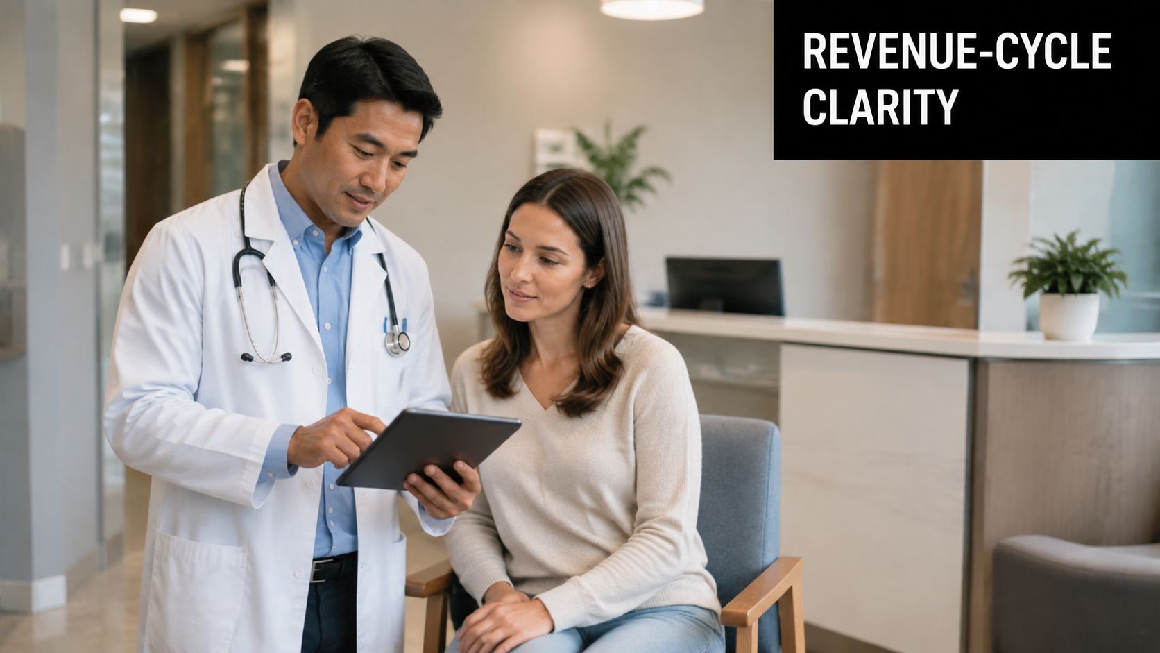 A doctor in a white coat shows patient information on a tablet in a medical office.