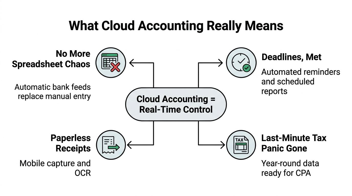 An infographic showing four key benefits of cloud accounting systems for businesses and financial management efficiency.