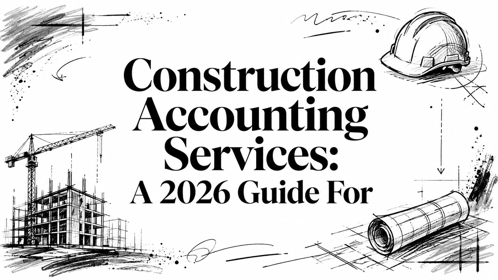 construction-accounting-services-construction-guide Hero illustration: 'Construction Accounting Services: A 2026 Guide For' with a crane, building frame, hard hat, and rolled blueprints.