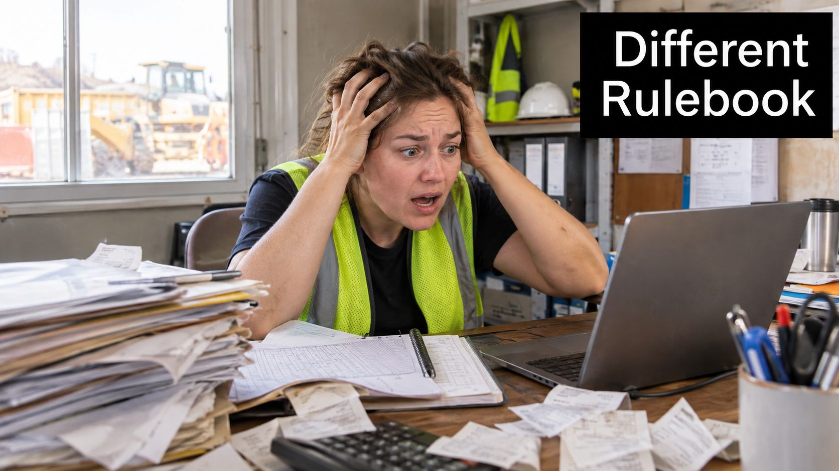 A stressed female construction worker in a high-visibility vest working at a desk cluttered with paperwork.