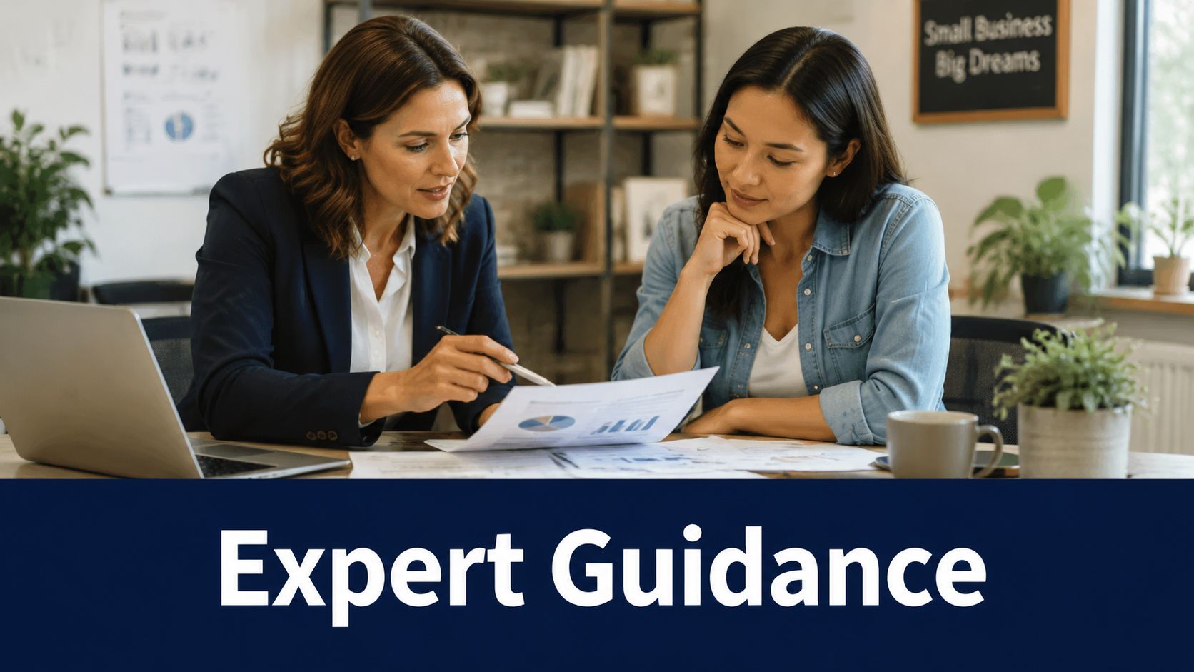 A professional woman providing business advice to a client during a meeting with documents and laptop.