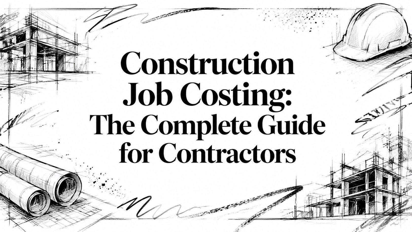 construction-job-costing-construction-guide Banner with hand-drawn construction sketches, a hard hat and blueprints, overlaid with 'Construction Job Costing: The Complete Guide for Contractors'