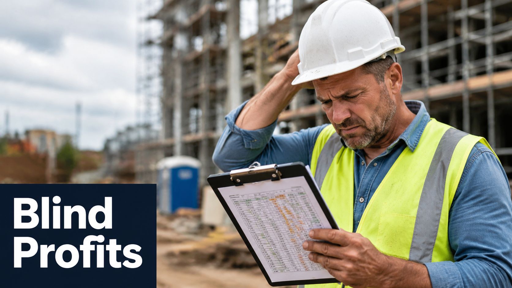 A concerned construction site manager in a hard hat and safety vest reviewing documents on a clipboard.