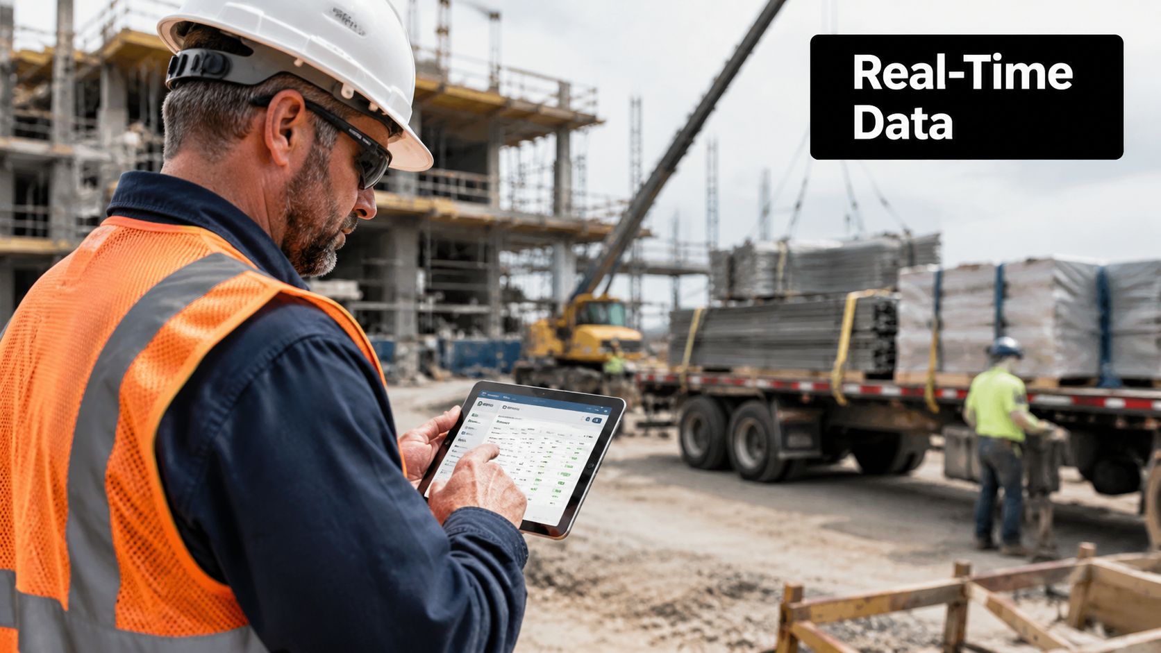 A construction supervisor reviewing real-time project data on a digital tablet at a busy construction site.